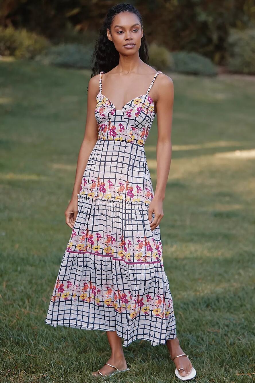 NWT ANTHROPOLOGIE Ro's Garden Brittany Tiered Midi Dress $238 SMALL Black Motif